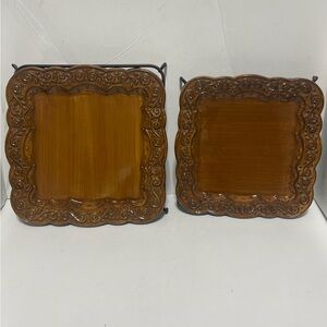 Square Brown Ceramic Serving Plates with Scalloped Edges and Metal Racks